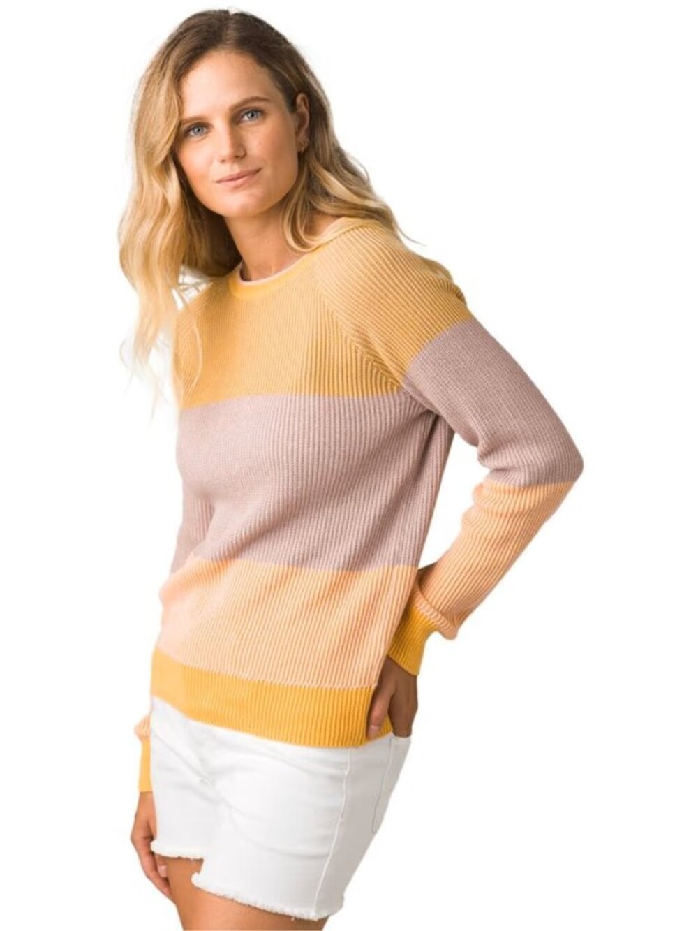 prAna Branagan Sweater Ribbed Knit Organic Cotton Taupe Orange Yellow SZ L